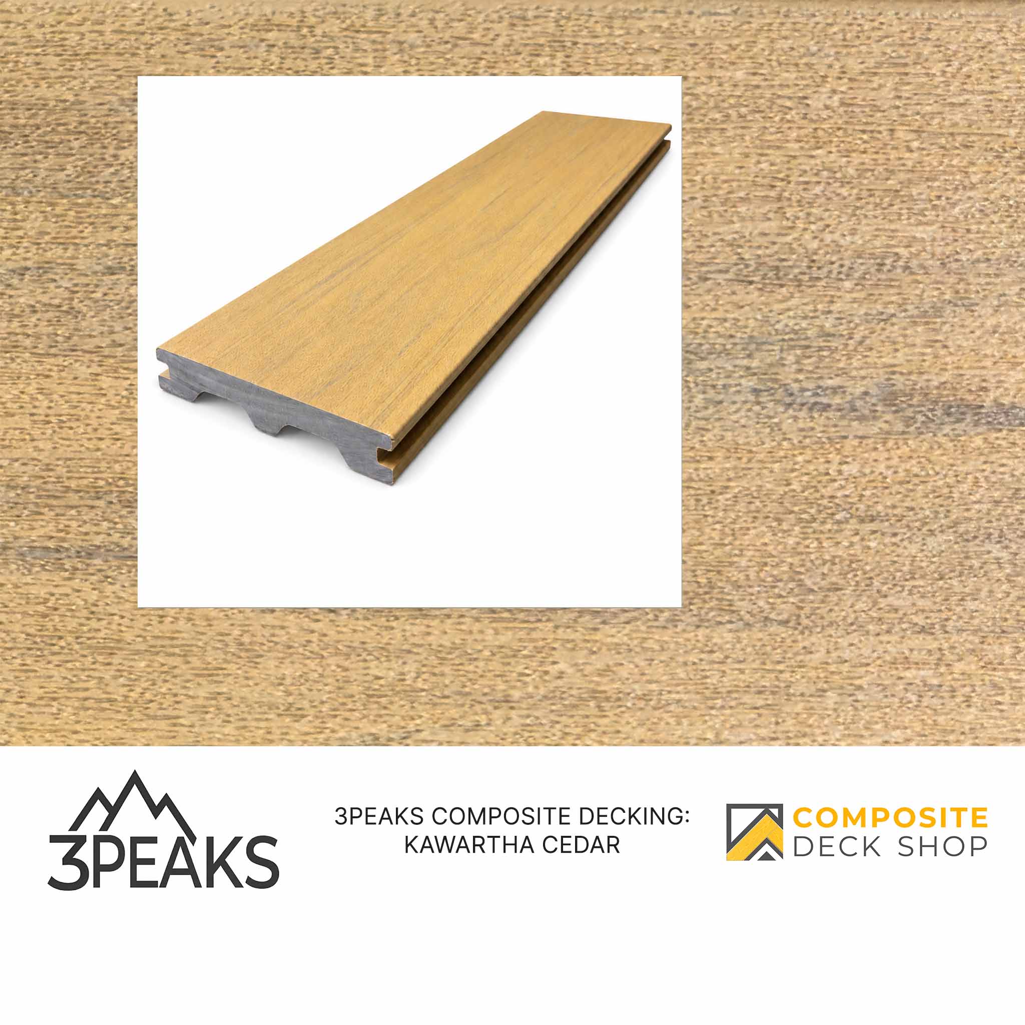 A single plank of 3Peaks composite decking with PVC wrap in Kawartha Cedar on a wood-textured background.