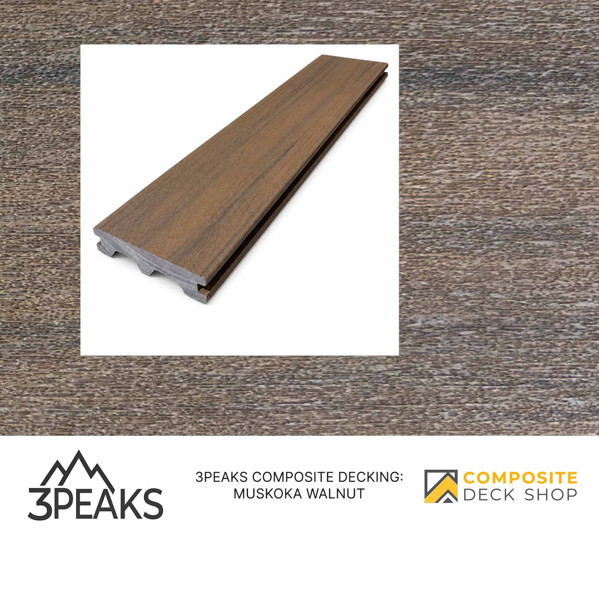 A brown wood-look composite decking board, ideal for your outdoor deck surface, labeled 3PEAKS Muskoka Walnut.