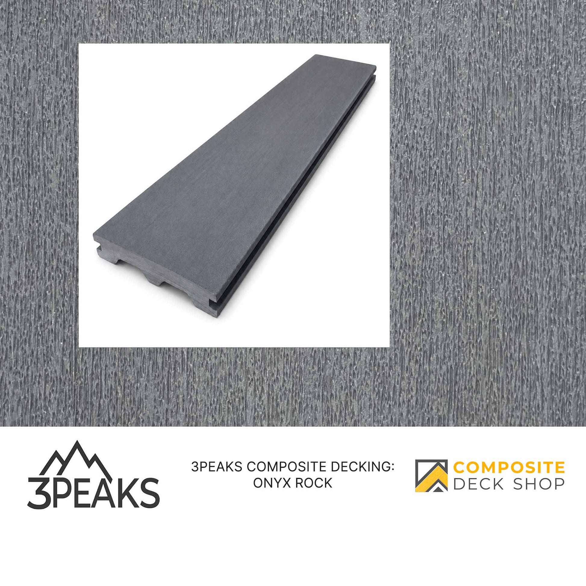 A gray 3PEAKS Onyx Rock composite decking board displayed on a matching outdoor deck surface.