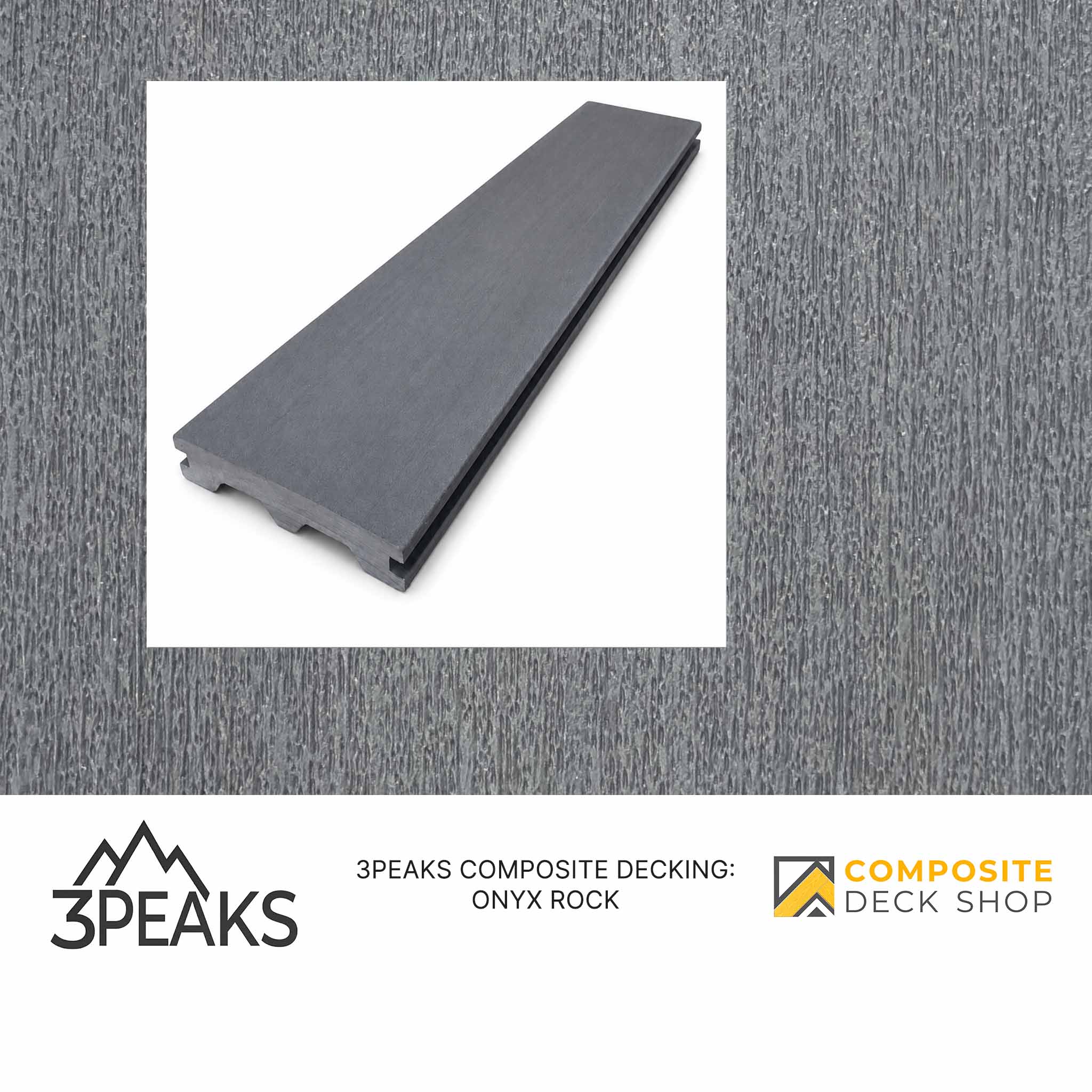 A gray 3PEAKS Onyx Rock composite decking board displayed on a matching outdoor deck surface.