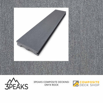 A gray 3PEAKS Onyx Rock composite decking board displayed on a matching outdoor deck surface.