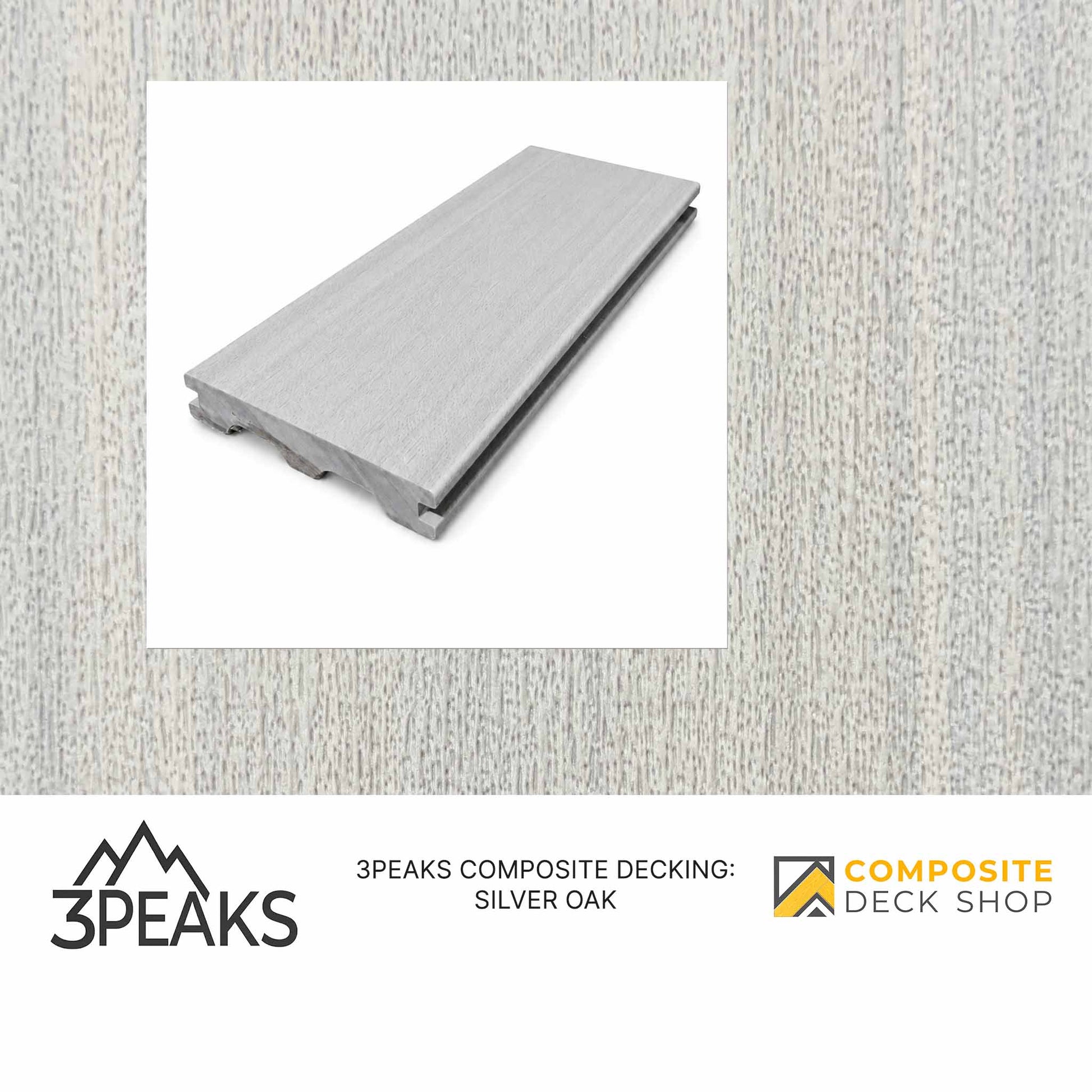 A single silver oak PVC-wrapped decking board from 3PEAKS shown against a matching wood grain background.