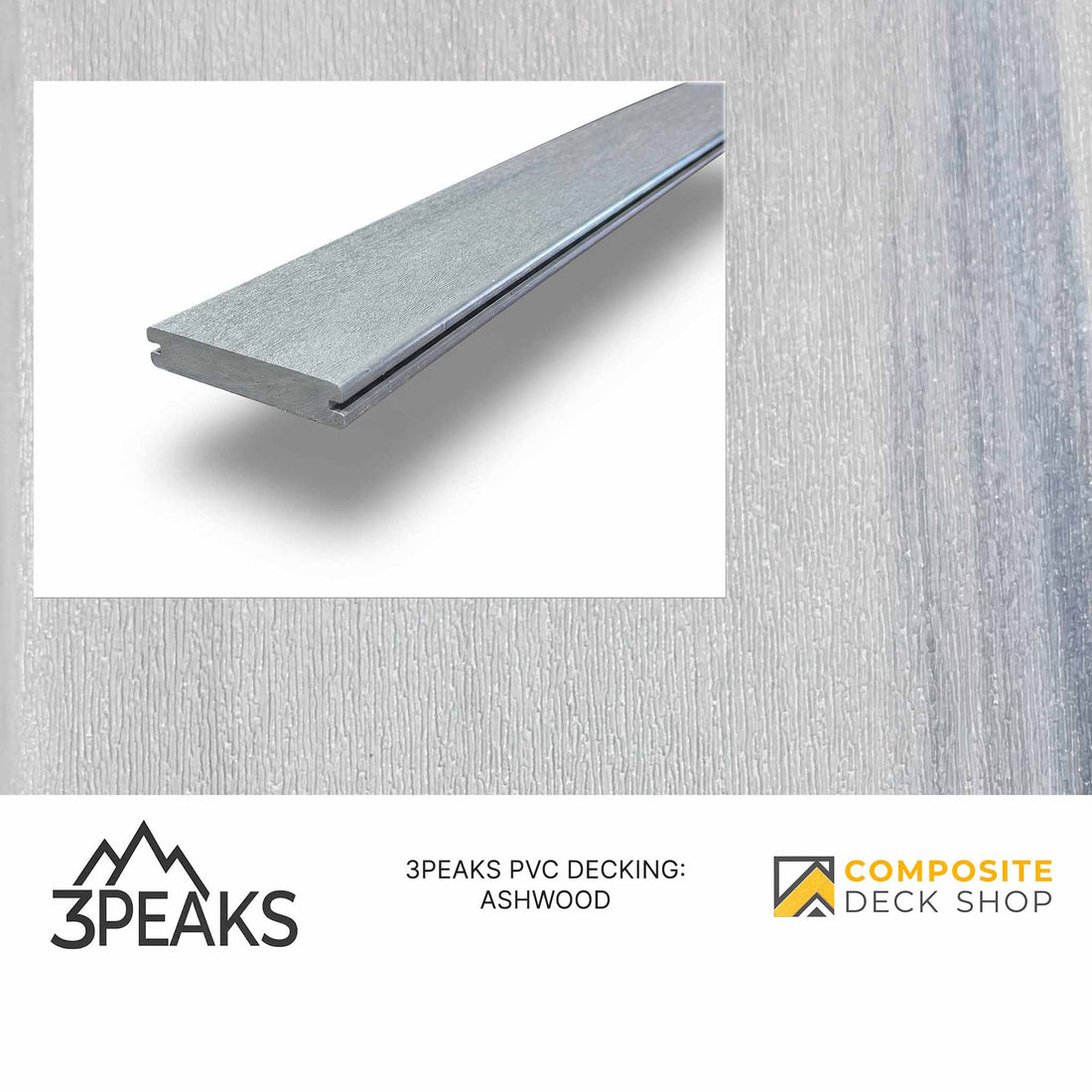 3peaks PVC decking sample on a textured gray background with brand logos.
