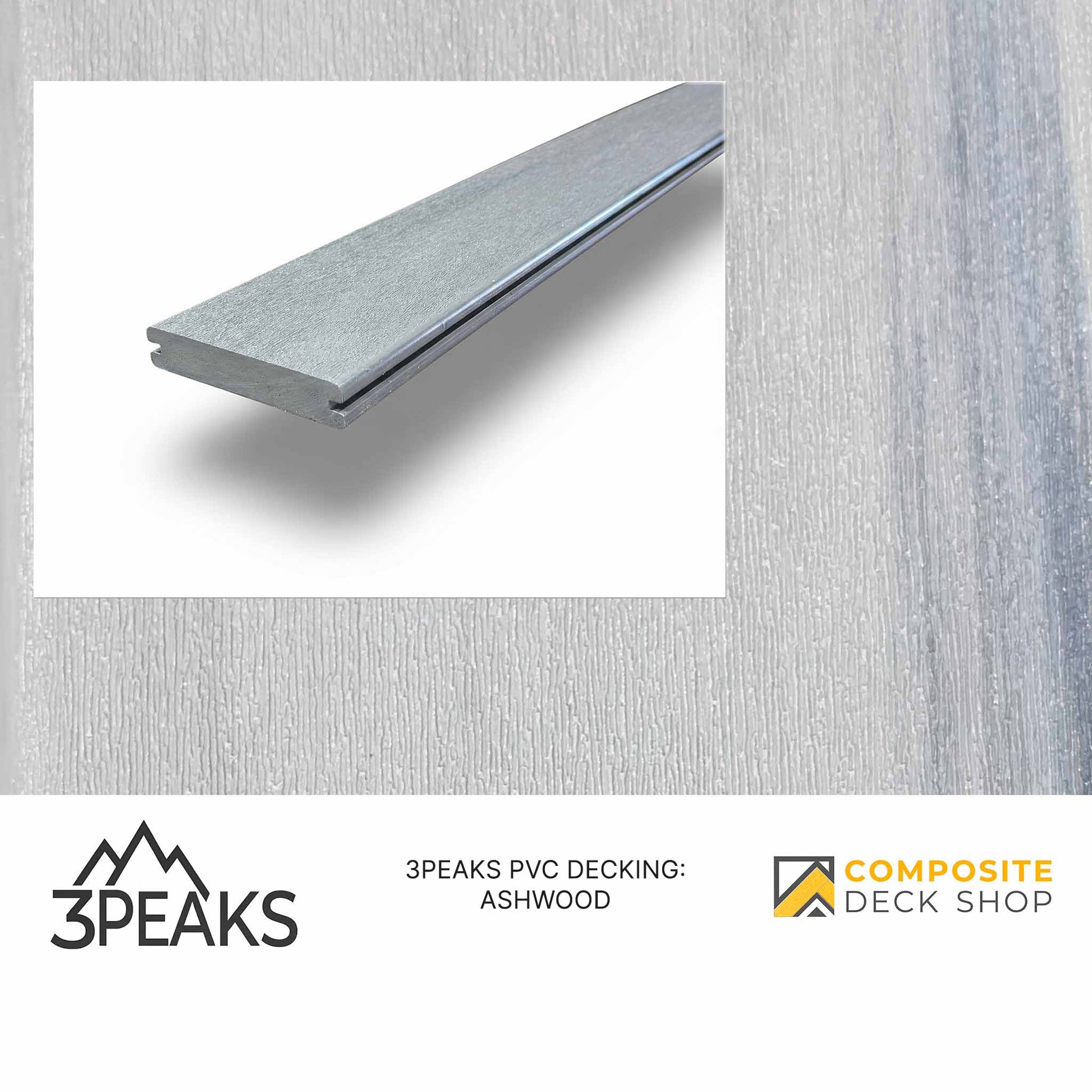 3peaks PVC decking sample on a textured gray background with brand logos.