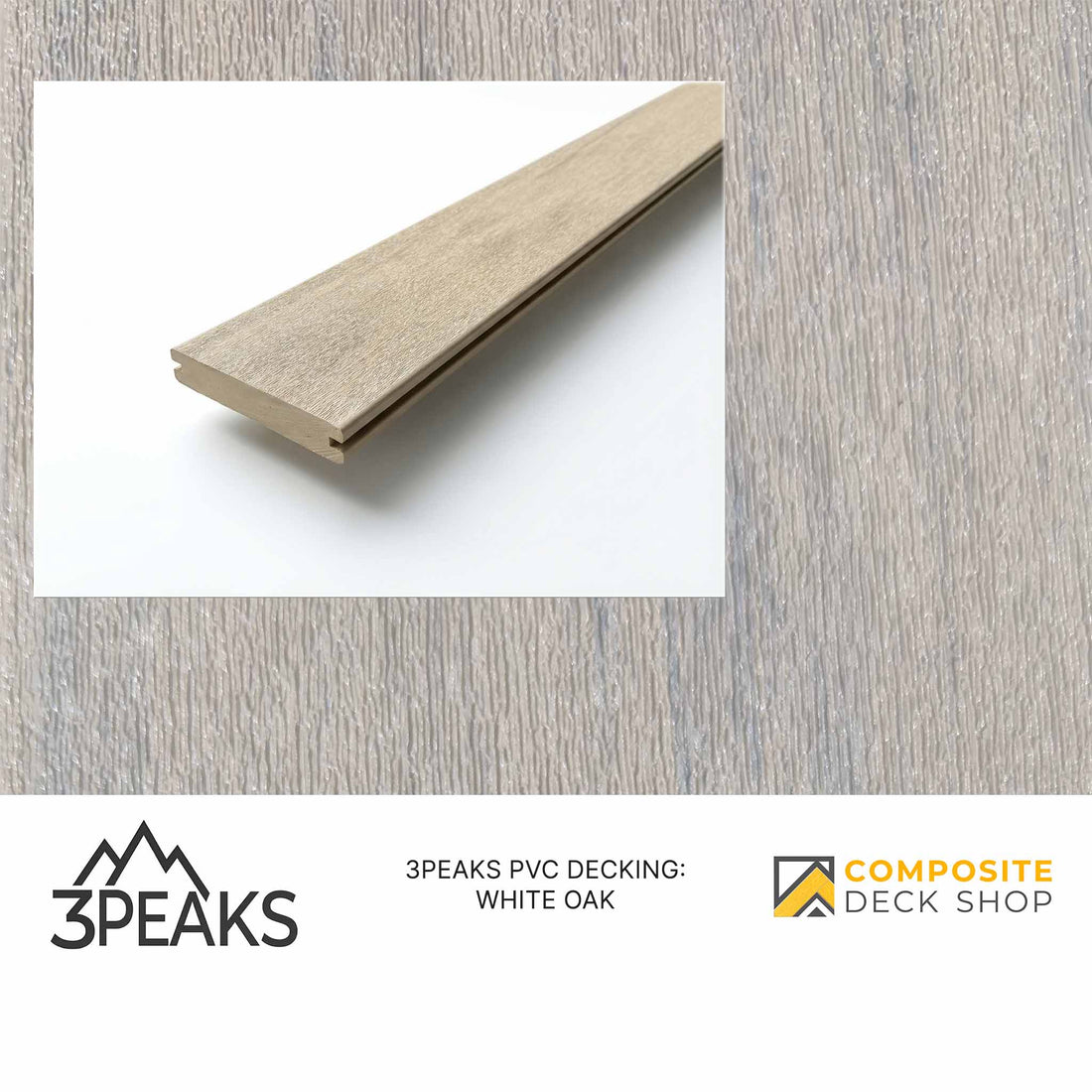 3peaks PVC decking sample on a textured gray background with brand logos.