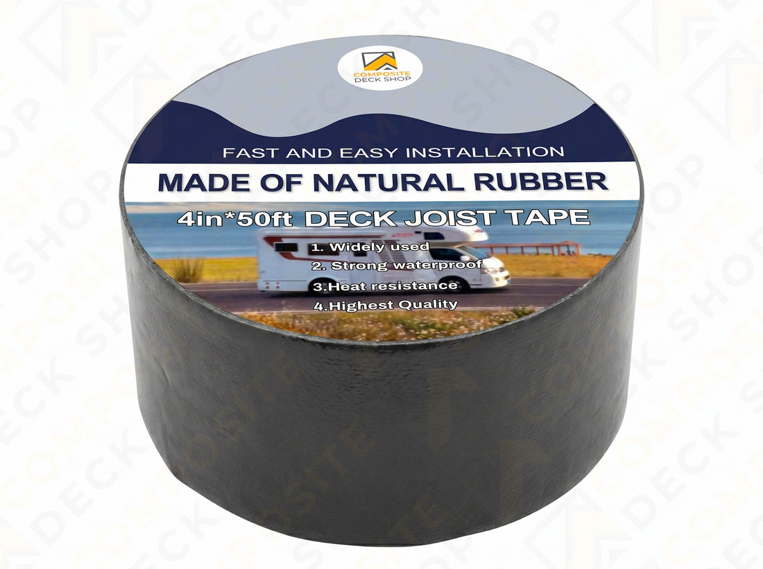 A 4in x 50ft roll of deck joist tape made of natural rubber, ideal for composite deck or deck framing protection.