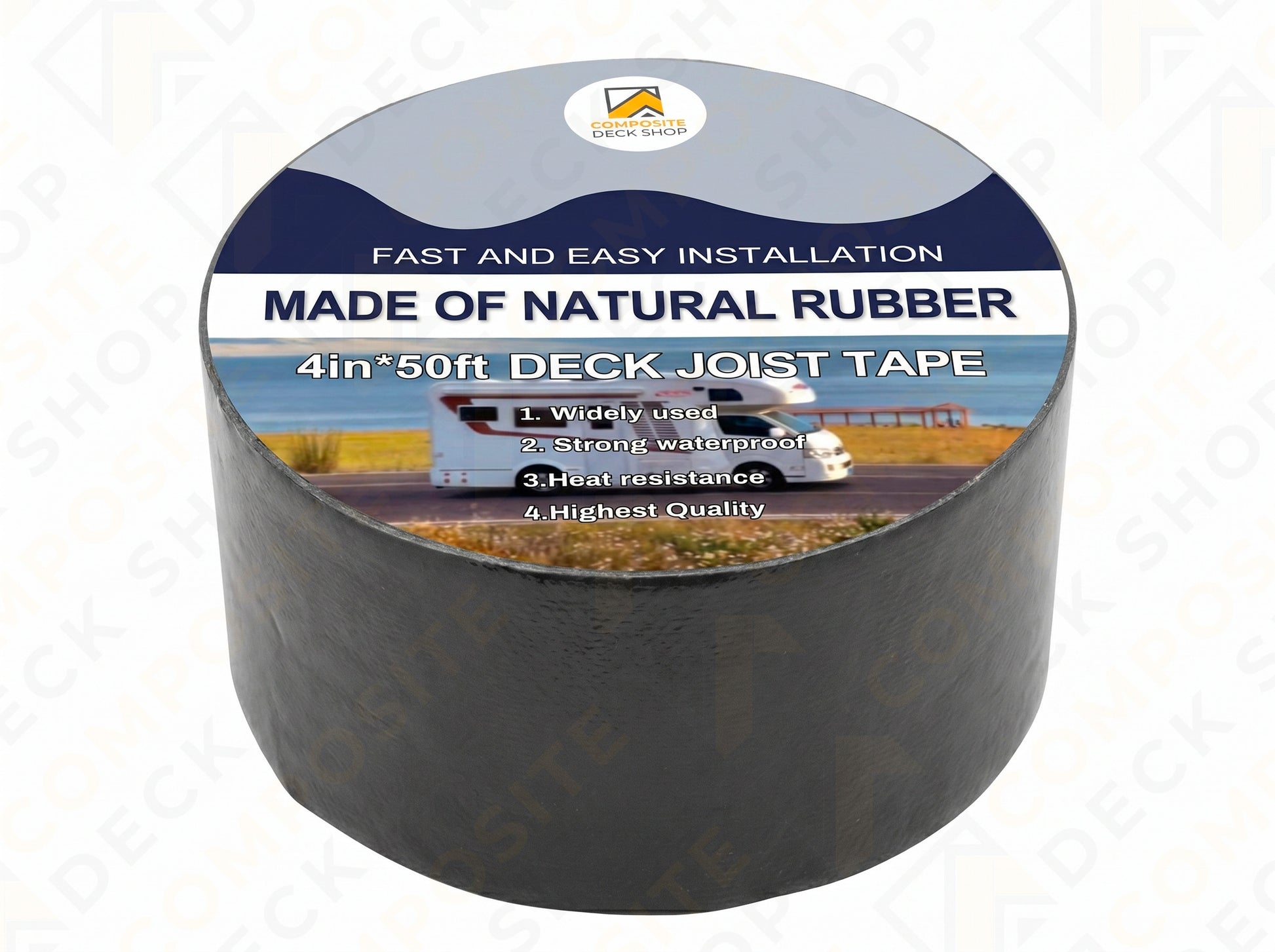A 4in x 50ft roll of deck joist tape made of natural rubber, ideal for composite deck or deck framing protection.