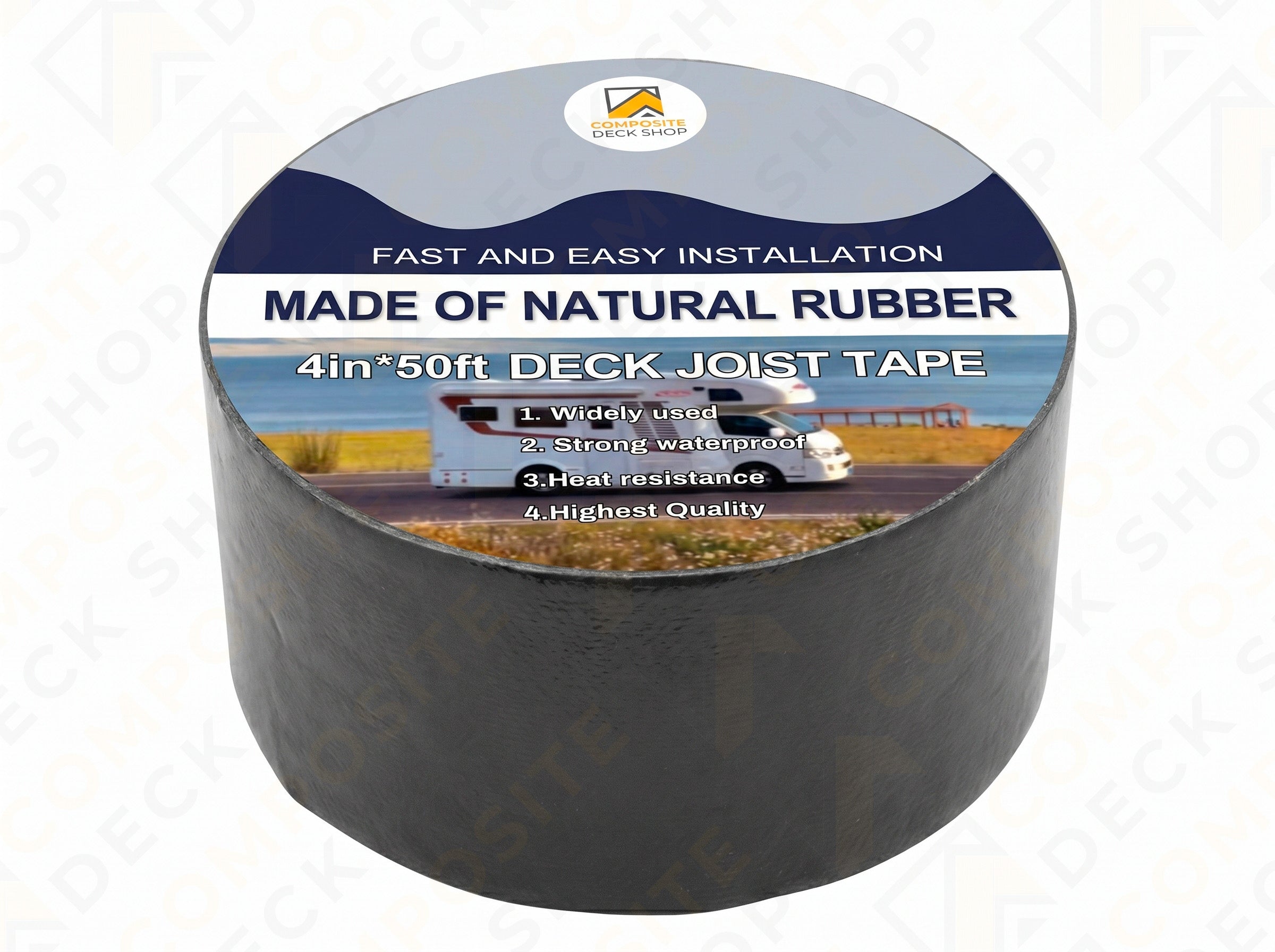 A 4in x 50ft roll of deck joist tape made of natural rubber, ideal for composite deck or deck framing protection.