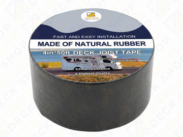 A 4in x 50ft roll of deck joist tape made of natural rubber, ideal for composite deck or deck framing protection.