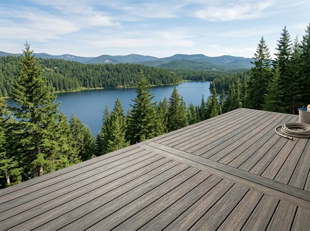 Fiberon composite decking overlooks a forested area and lake, with mountains visible in the distance under a blue sky.