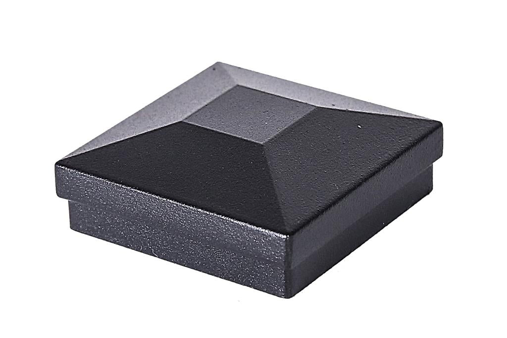Black deck post cap on a wooden deck with Fortress Railing Products and Composite Deck Shop logos.