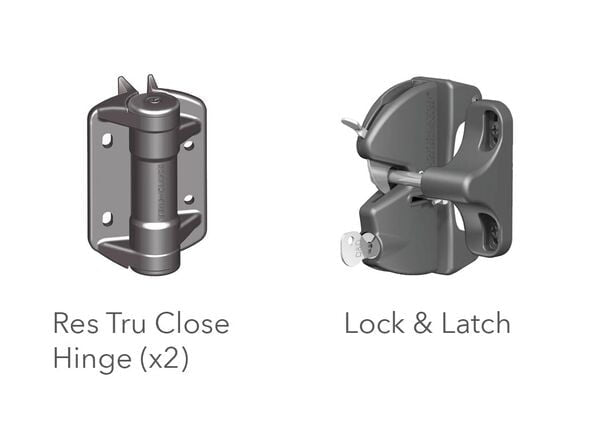 Two images showing the components of the Fortress Gate Kit #2. The first image displays a 'Res Tru Close Hinge' and the second shows a 'Lock & Latch' mechanism, both are finished in a gray color.