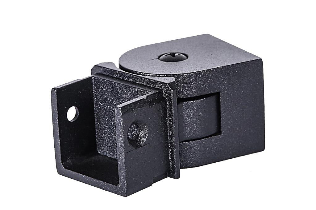Black metal adjustable bracket with hinge and mounting holes, compatible with Al13 HOME railing and Fortress railing system.