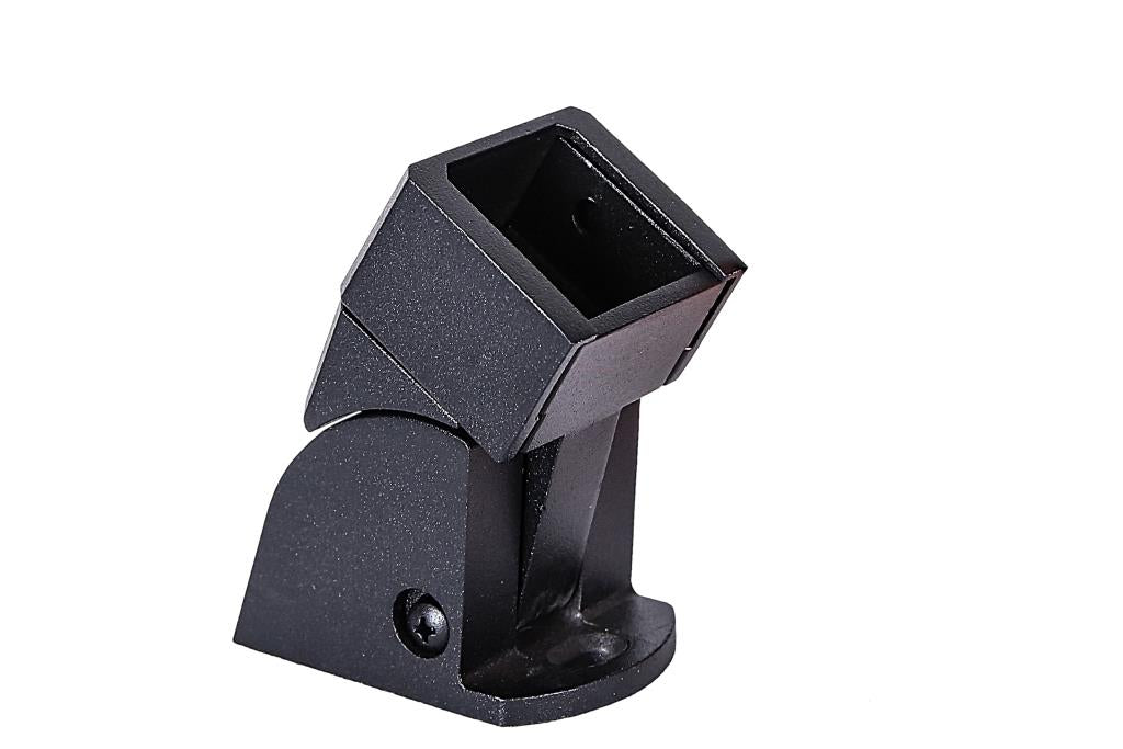 Black metal adjustable bracket with square opening, ideal for Fortress railing or Al13 HOME aluminum railing installations.