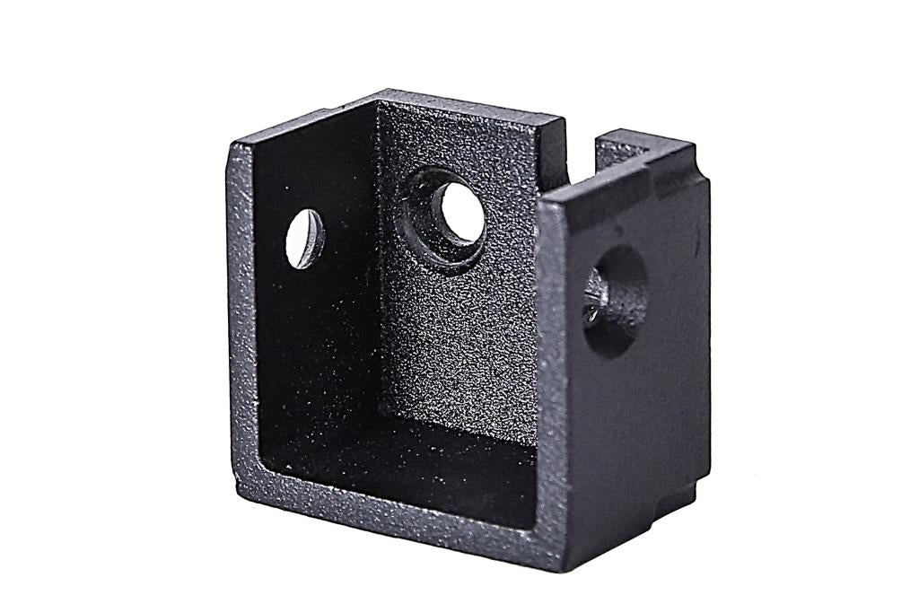 Black metal L-bracket with three circular holes, ideal for Aluminum Railing or Al13 HOME Brackets, on a white background.