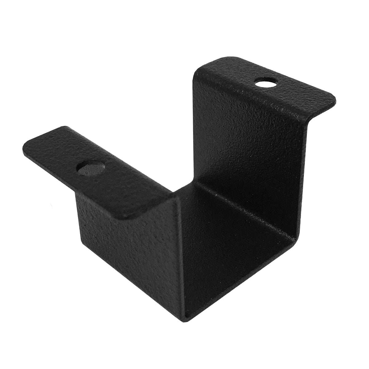 Black metal Cap Rail Clip with a 90-degree angle and two holes for mounting, ideal for Al13 HOME Aluminum Railing.