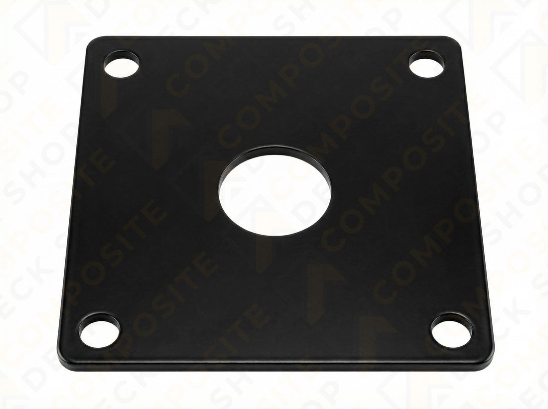 Black square Post Anchor Base Plate with a large central hole and four corner holes, viewed from above.