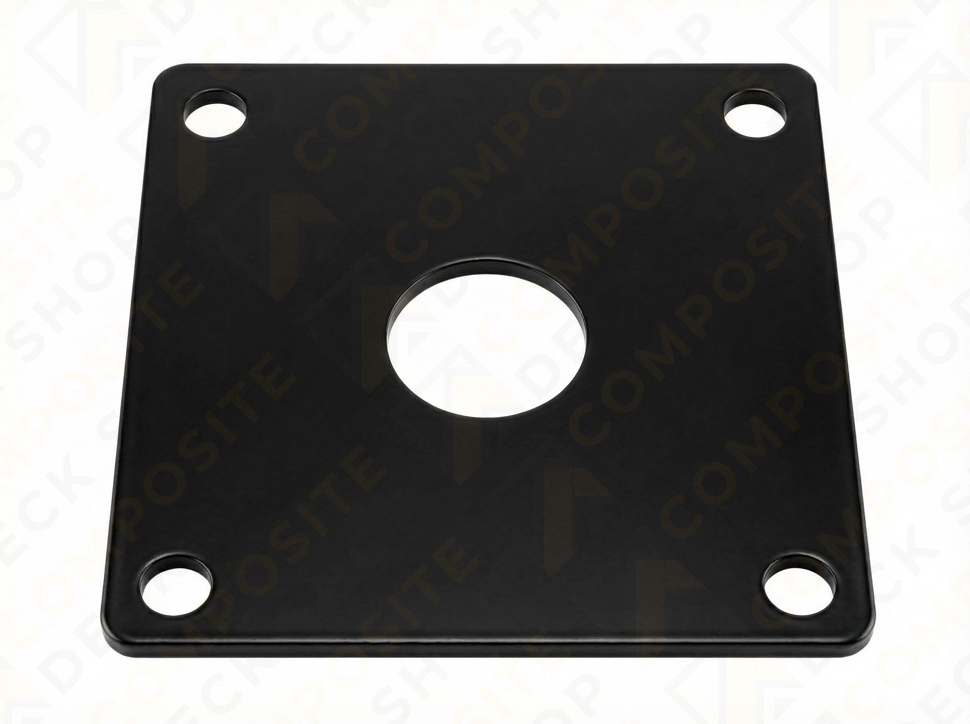 Black square Post Anchor Base Plate with a large central hole and four corner holes, viewed from above.