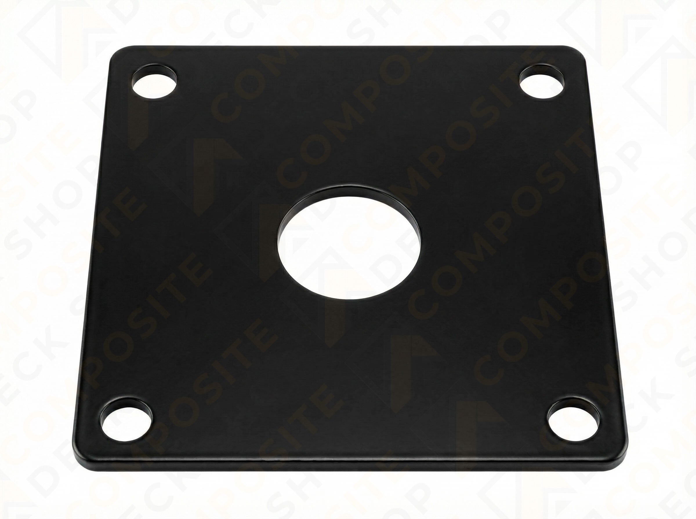 Black square Post Anchor Base Plate with a large central hole and four corner holes, viewed from above.