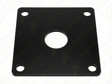 Black square Post Anchor Base Plate with a large central hole and four corner holes, viewed from above.