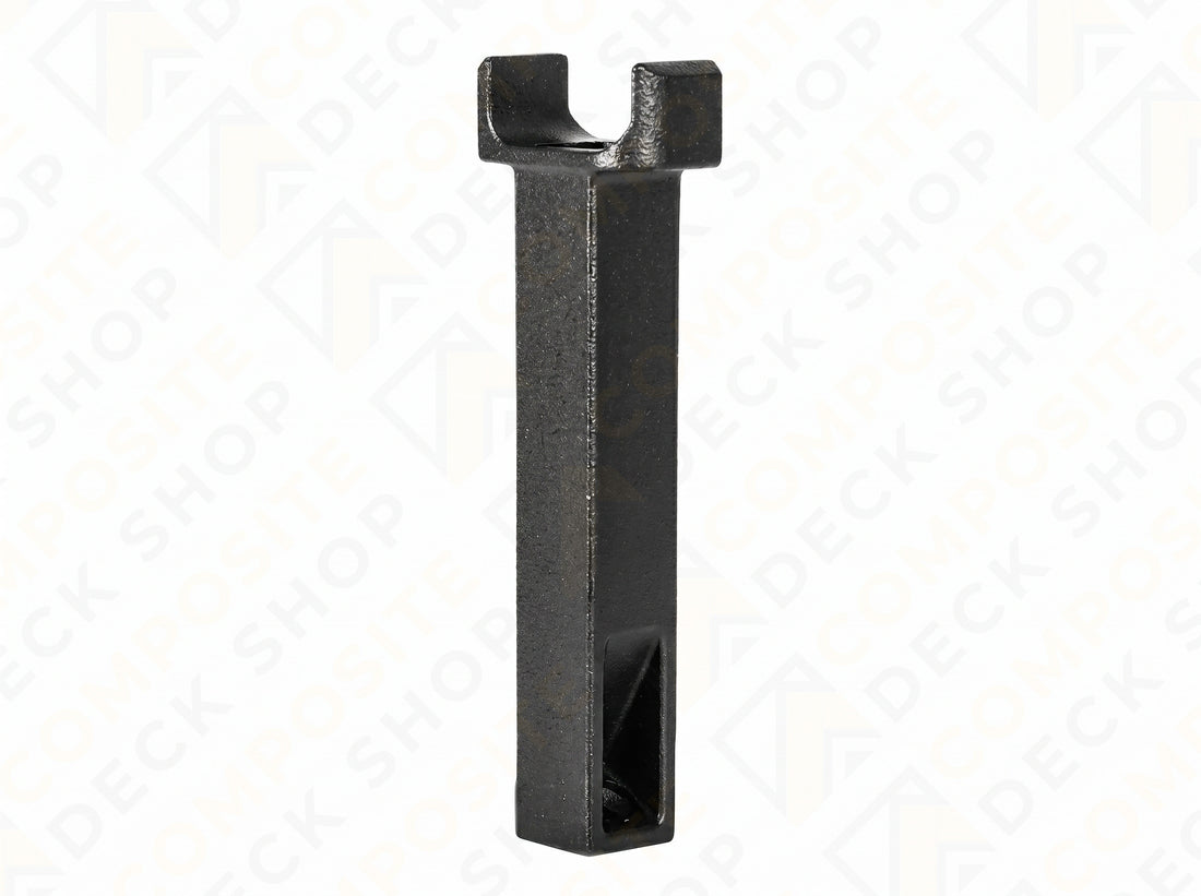 Four views of a black Al13 HOME railing support bracket with mounting screws, labeled Fortress from Composite Deck Shop.