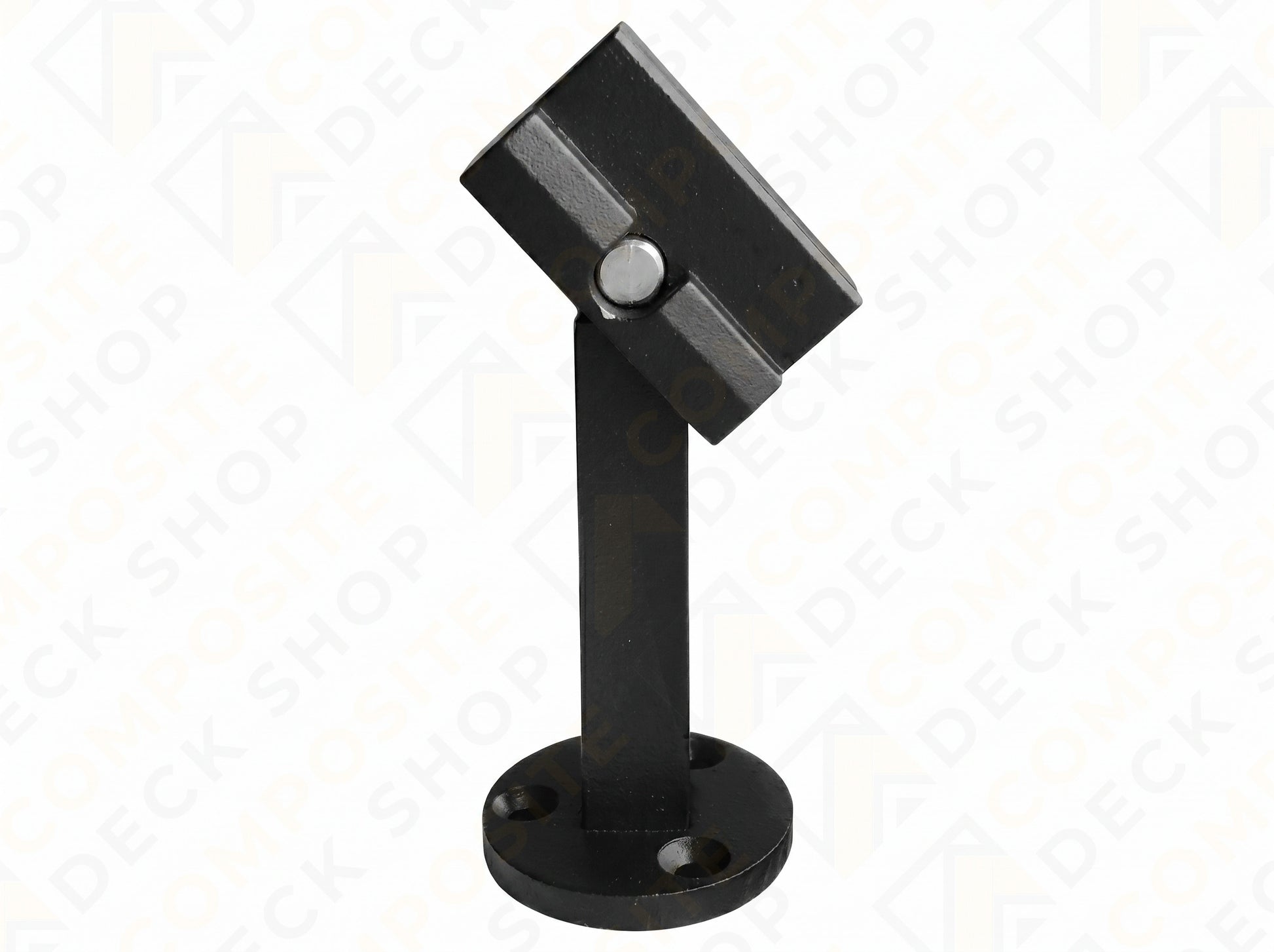 Black metal I-Support bracket with round base and angled top for Al13 HOME aluminum railing, on a white background.
