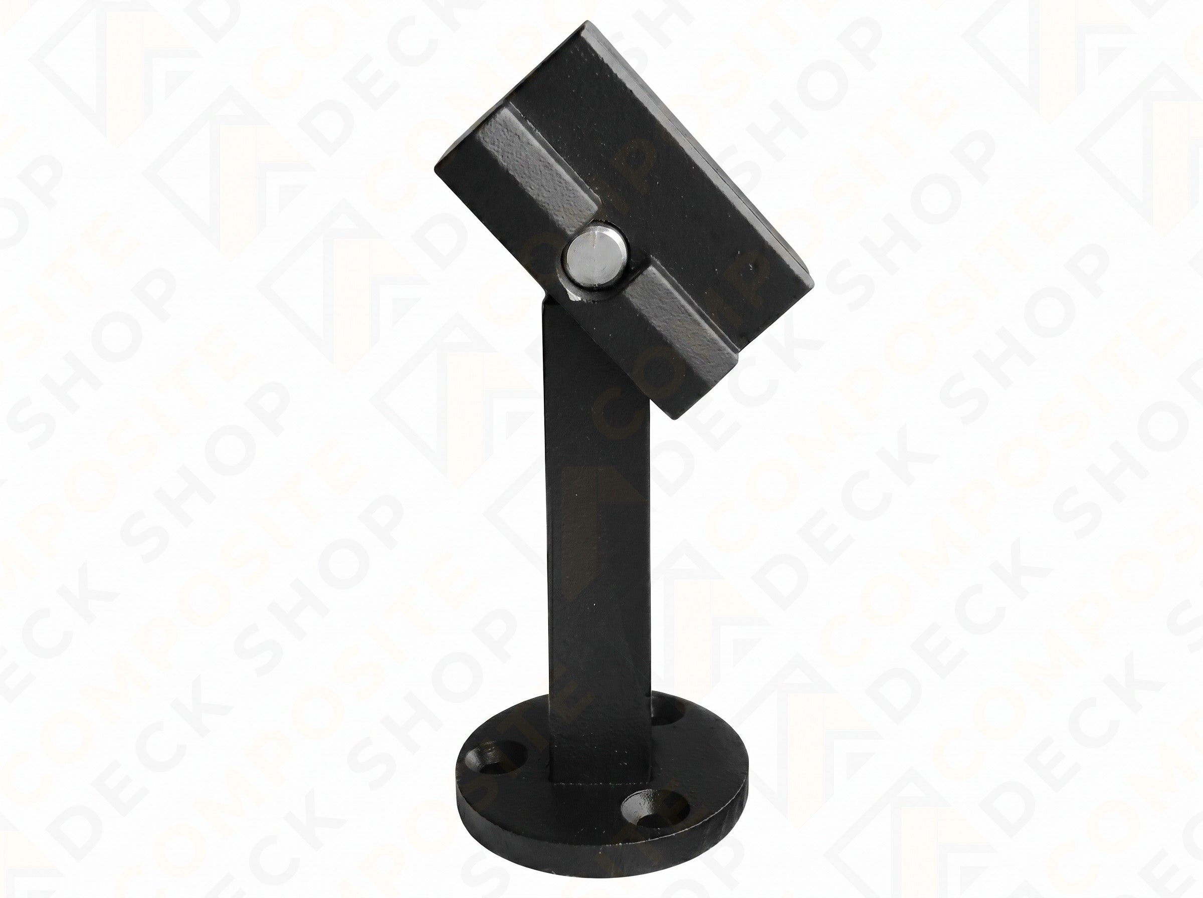 Black metal I-Support bracket with round base and angled top for Al13 HOME aluminum railing, on a white background.