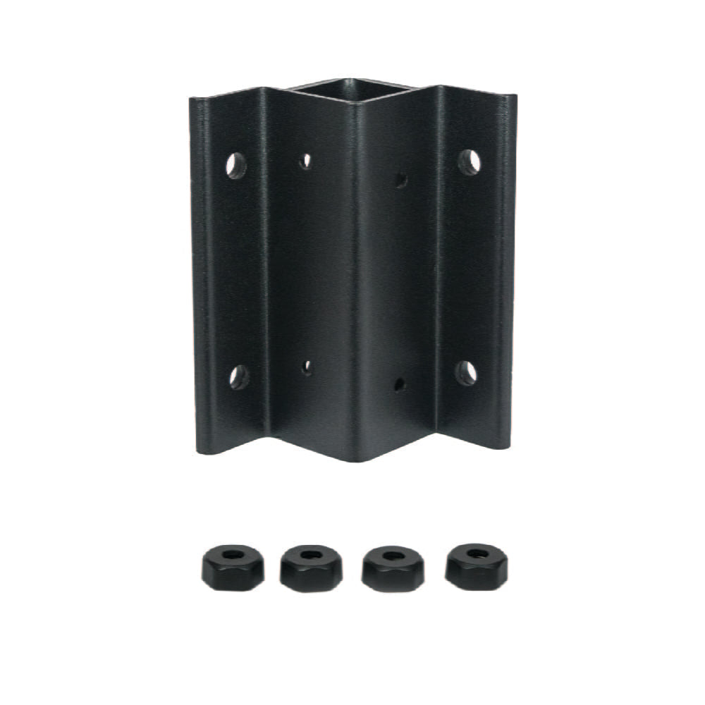 Black fascia mount bracket for Al13 HOME aluminum railing system, shown with four black hex nuts below.
