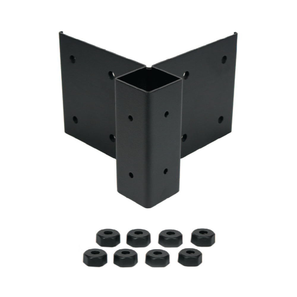 Black metal fascia mount bracket with nine hexagonal washers, for Al13 HOME aluminum railing, on a white background.