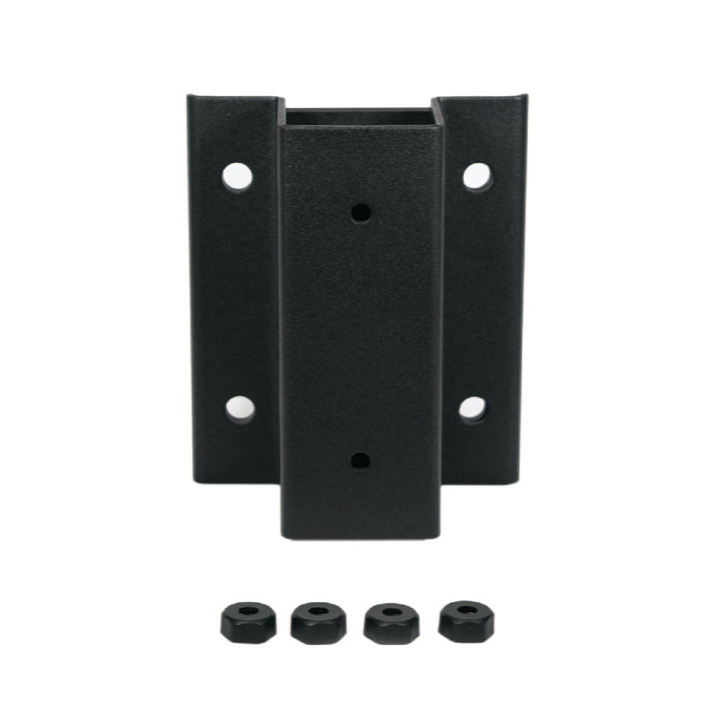 Black fascia mount bracket for Al13 HOME aluminum railing system, shown with four small black cylindrical spacers below it.