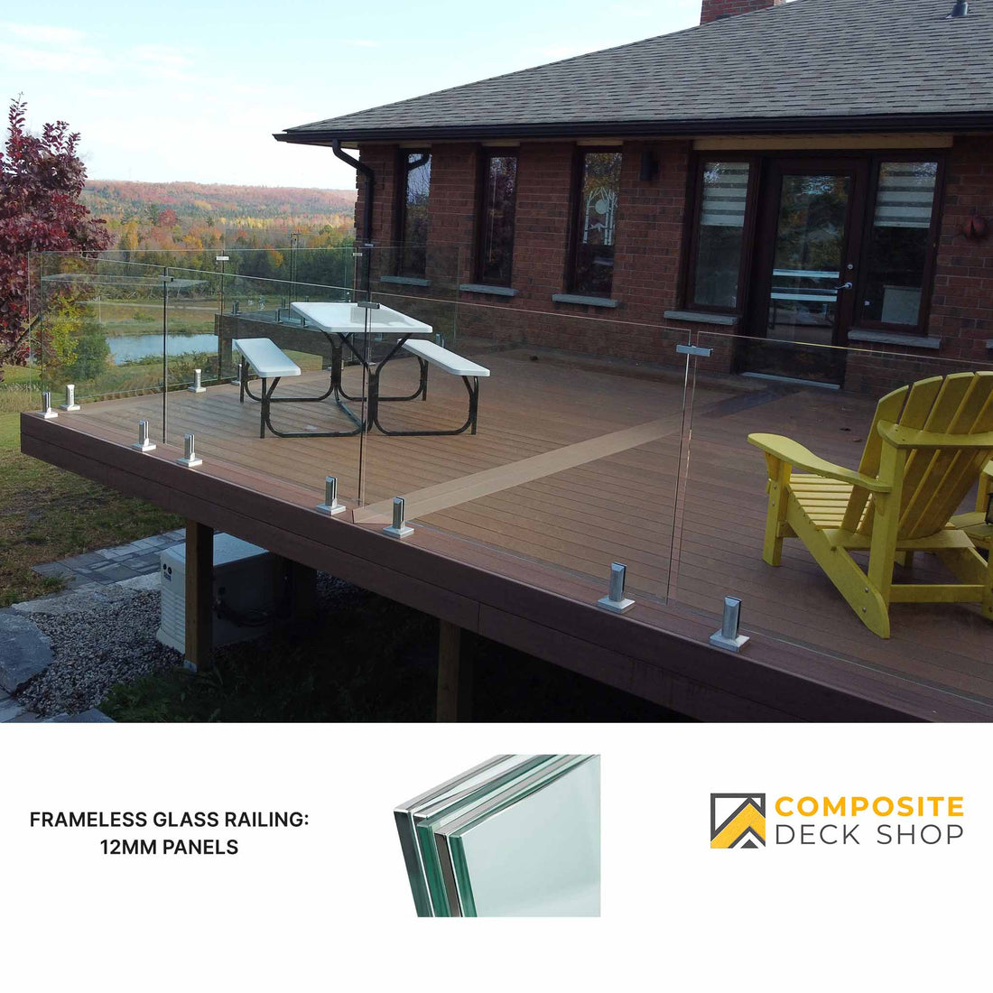 Outdoor deck with Glass Deck Railing, picnic table, and yellow chair; Composite Deck Shop logo at the bottom.