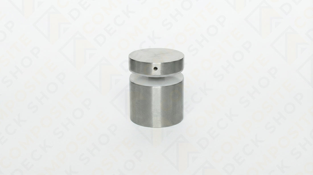 A 1.5" diameter stainless steel standoff for frameless glass railing, featuring a flat top and side hole against a white background.