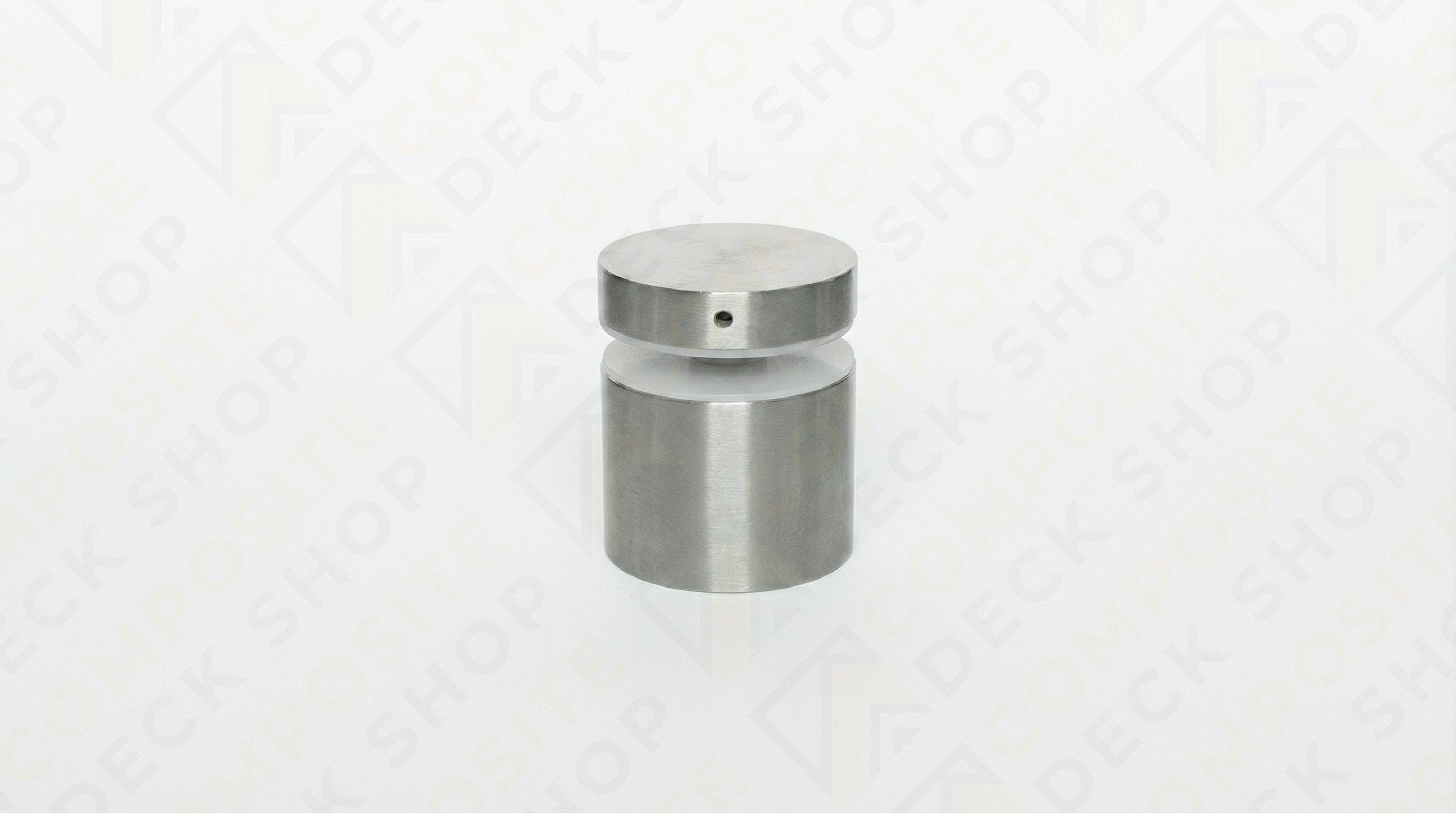 A 1.5" diameter stainless steel standoff for frameless glass railing, featuring a flat top and side hole against a white background.