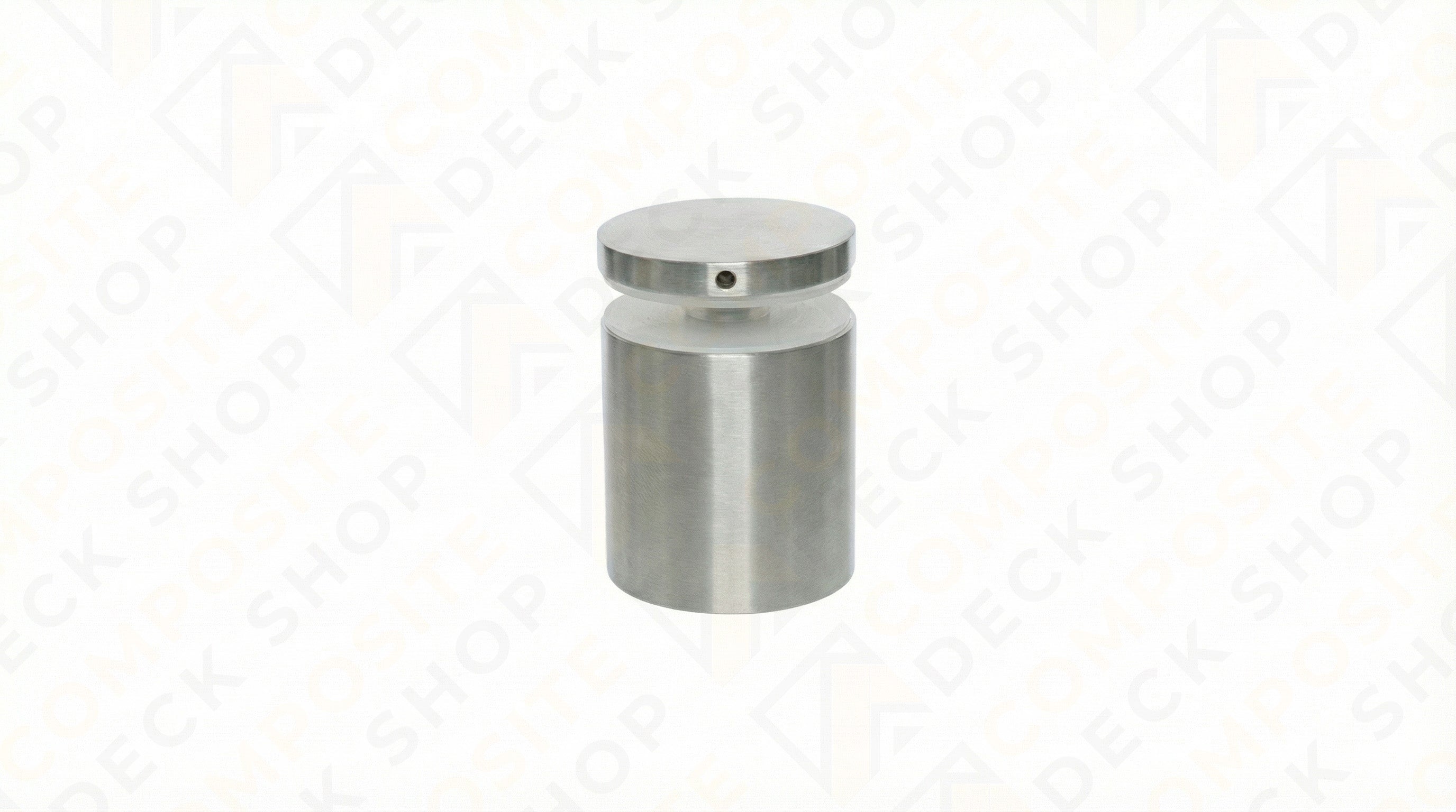 A 1.5" diameter standoff with a flat top and side hole, ideal for mounting frameless glass railing panels or signs.