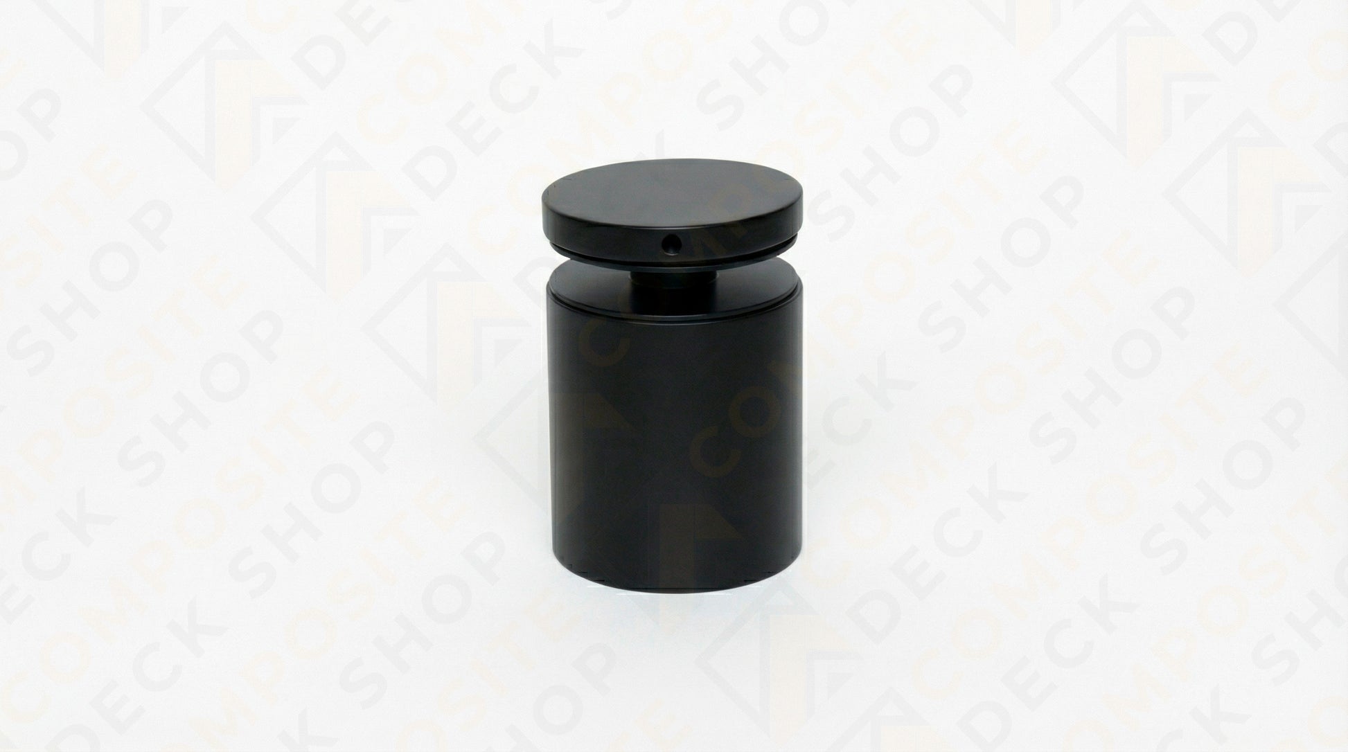 A black cylindrical Glass Panel Standoff with a flat round top, shown against a light background.
