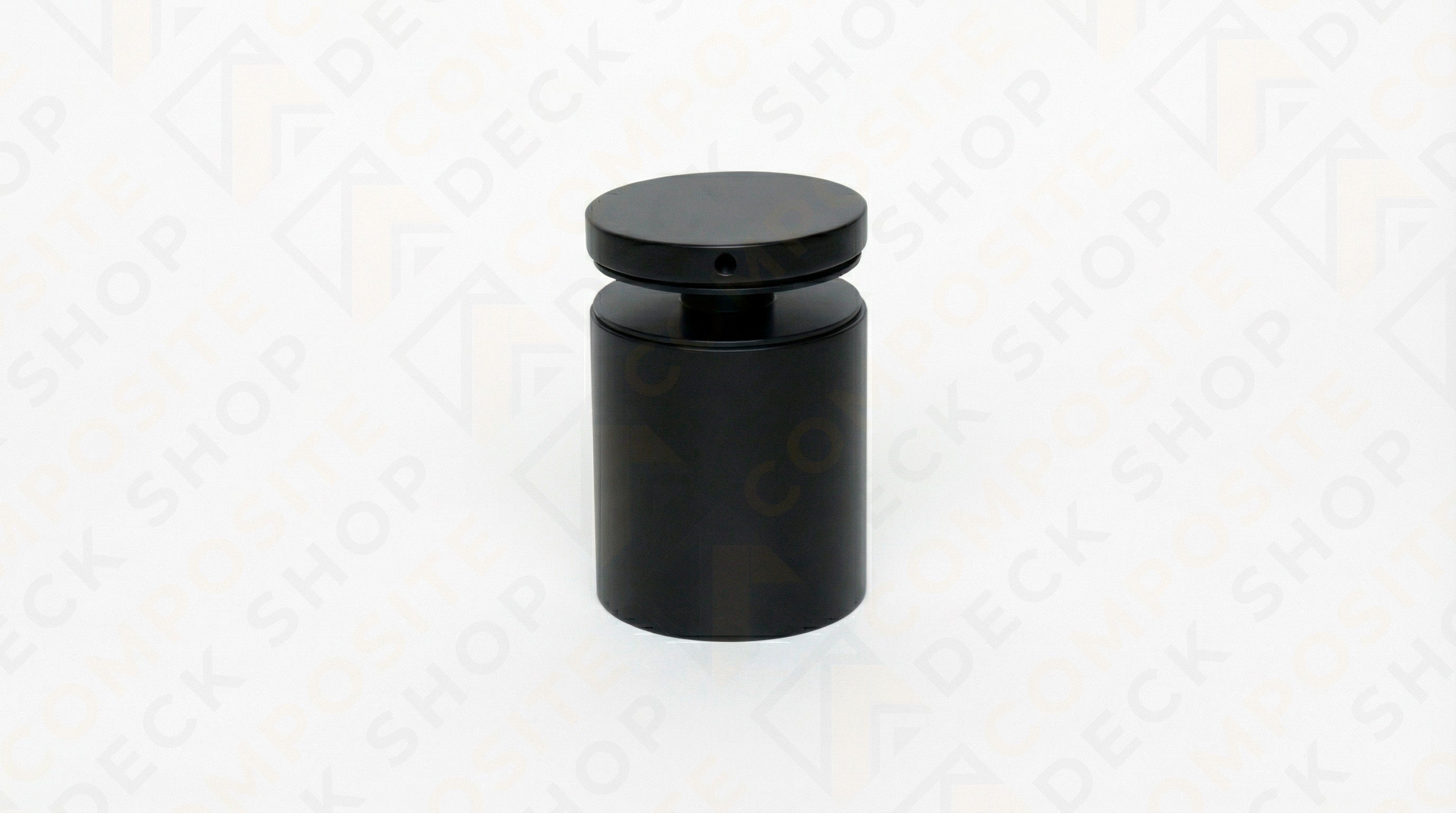 A black cylindrical Glass Panel Standoff with a flat round top, shown against a light background.