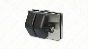 Black and silver 180-degree gate latch lock with keyhole, perfect for glass gates or frameless glass railing installations.