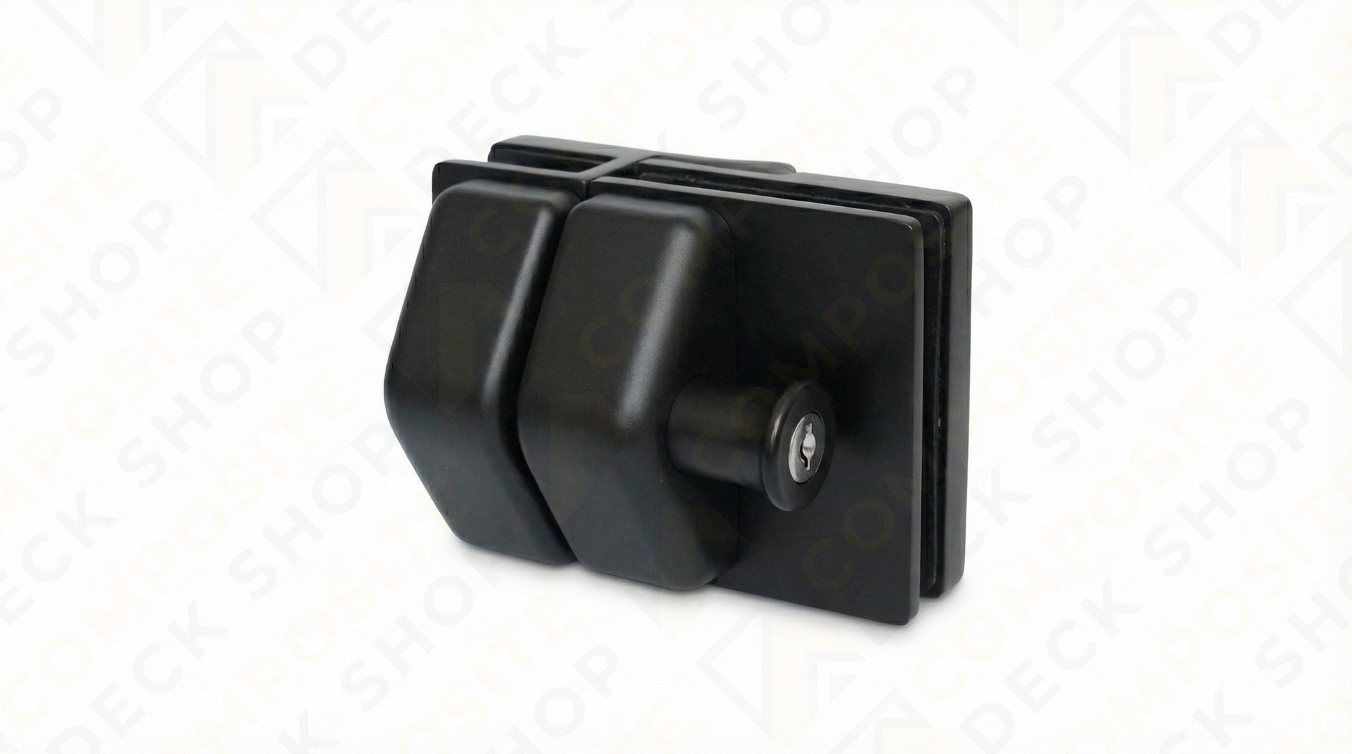 Black glass door lock with keyhole for frameless glass doors, ideal for Glass Gates or complementing a Frameless Glass Railing.