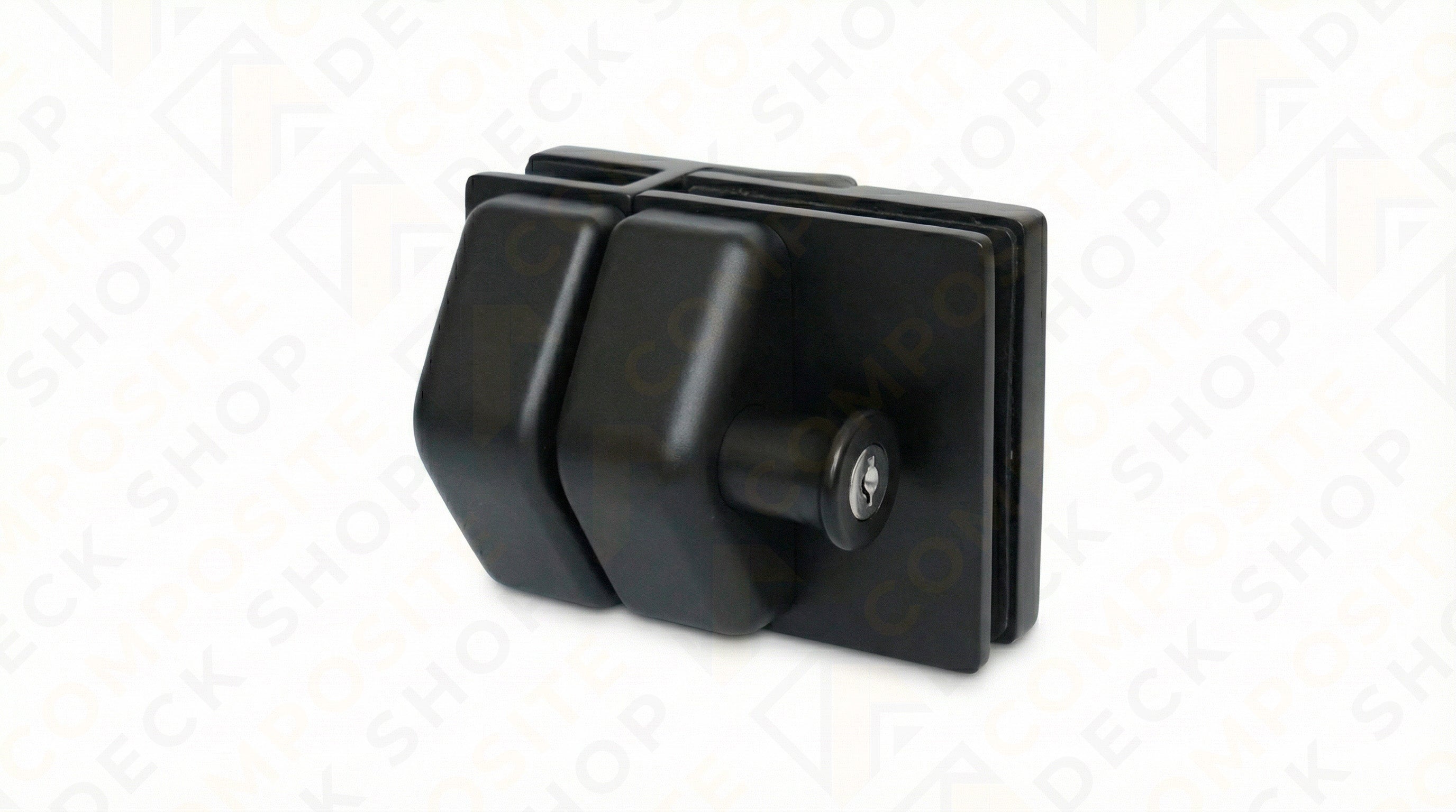Black glass door lock with keyhole for frameless glass doors, ideal for Glass Gates or complementing a Frameless Glass Railing.