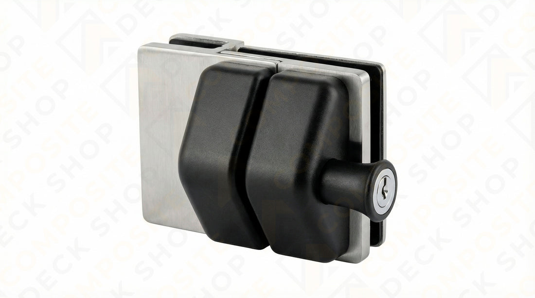 Black and silver 180-degree gate latch lock with keyhole, perfect for glass gates or frameless glass railing installations.