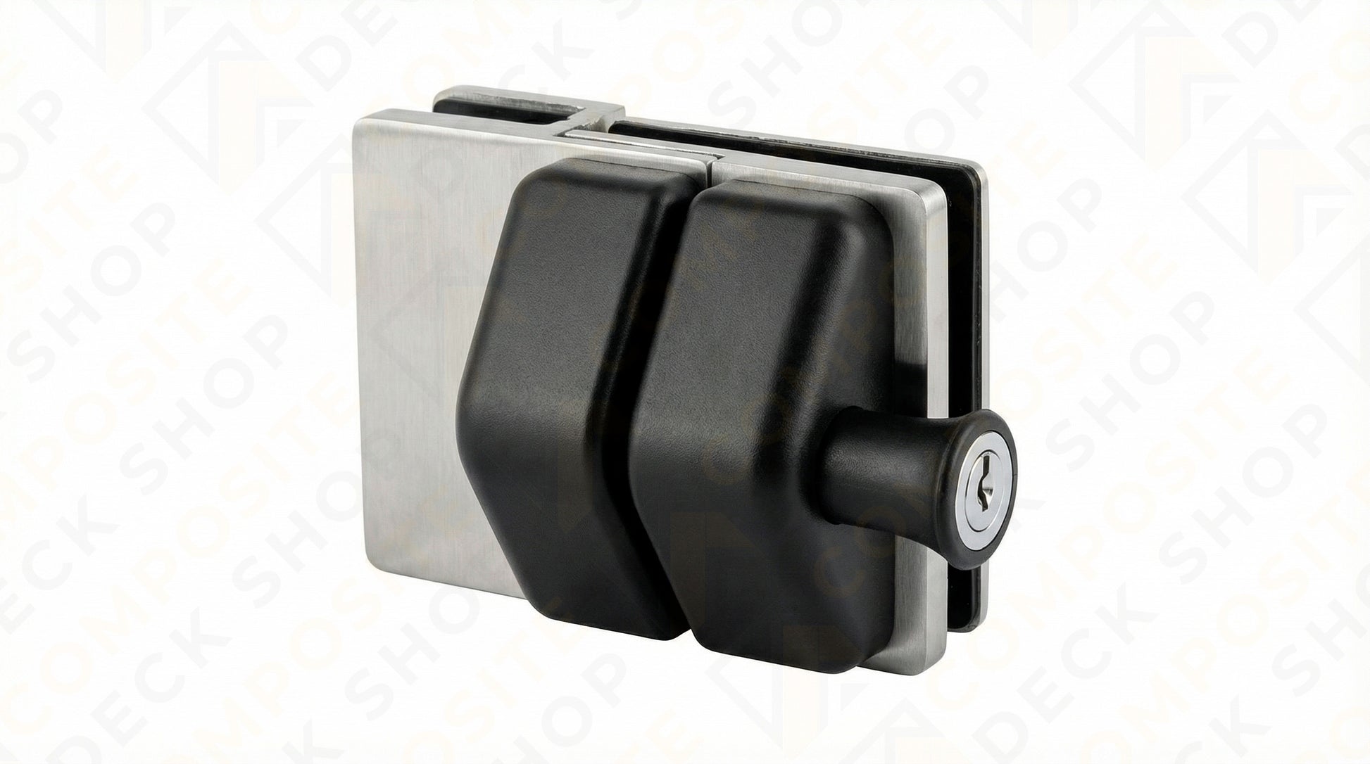 Rectangular metal and black lock with a keyhole, ideal as a glass gate latch for frameless glass railing or panels.