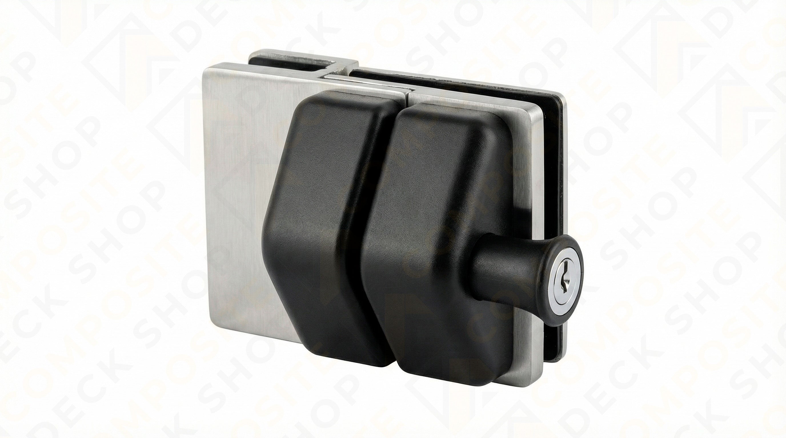 Rectangular metal and black lock with a keyhole, ideal as a glass gate latch for frameless glass railing or panels.