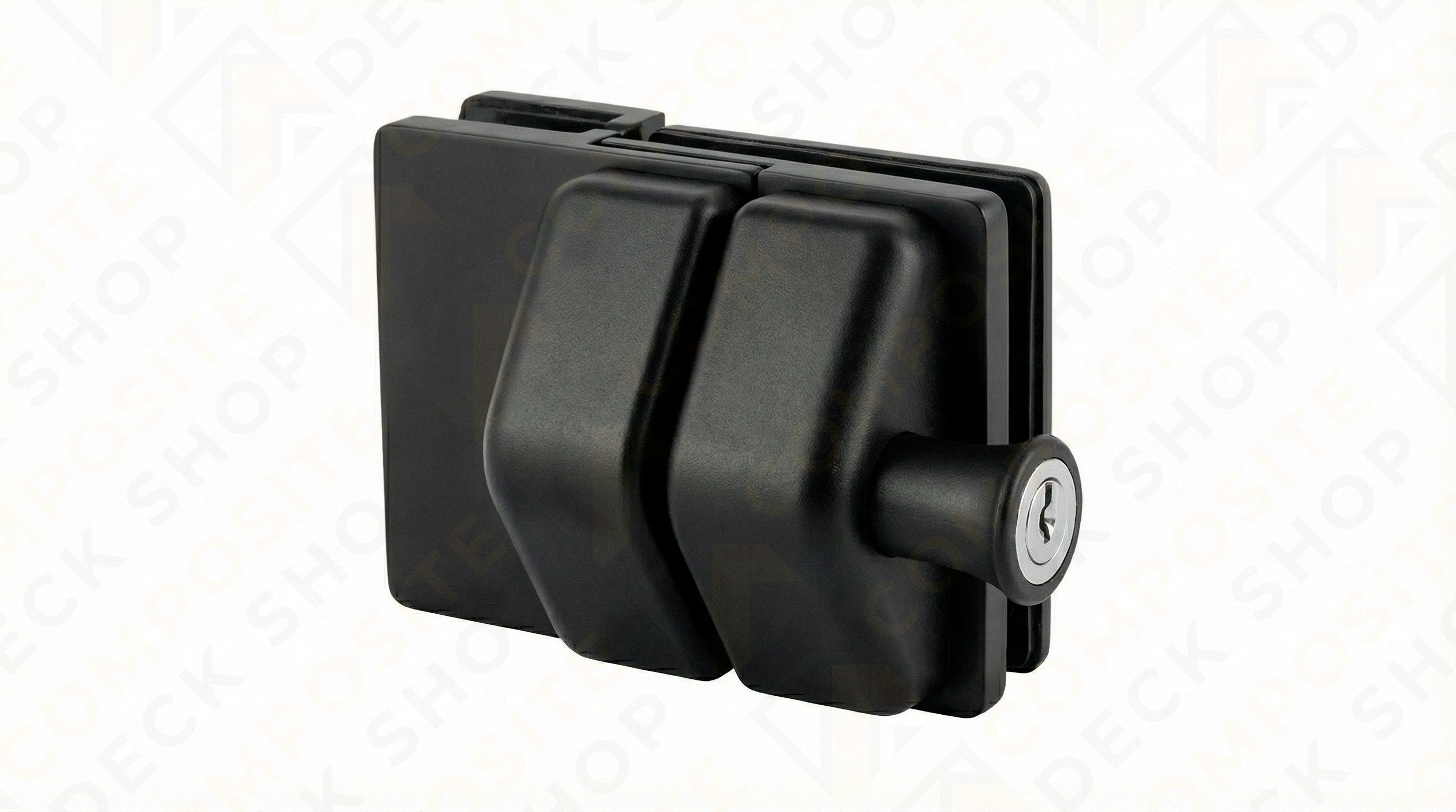 Black glass door lock with key cylinder, ideal for Glass Gate or Frameless Glass Railing, shown at an angle on a plain background.