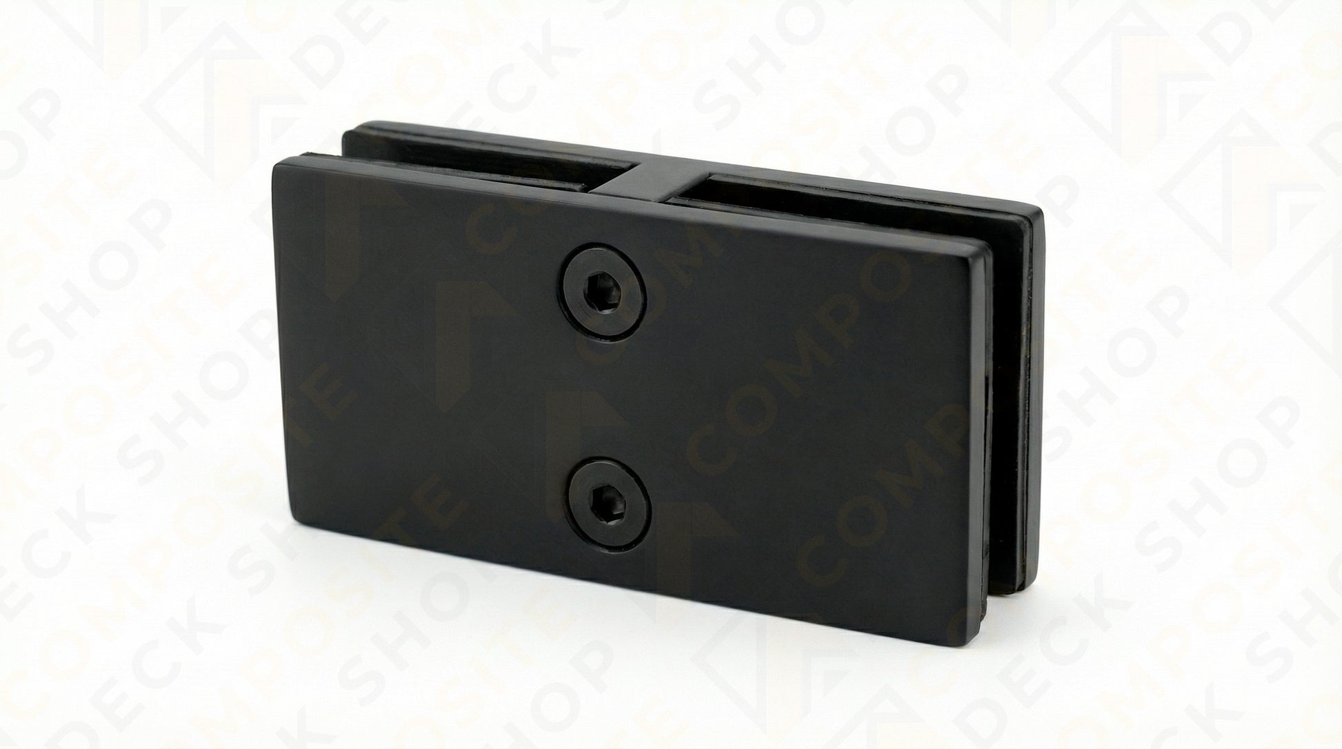 Black rectangular metal 180° Connector with two mounting holes and slots for frameless glass railing, on a white background.