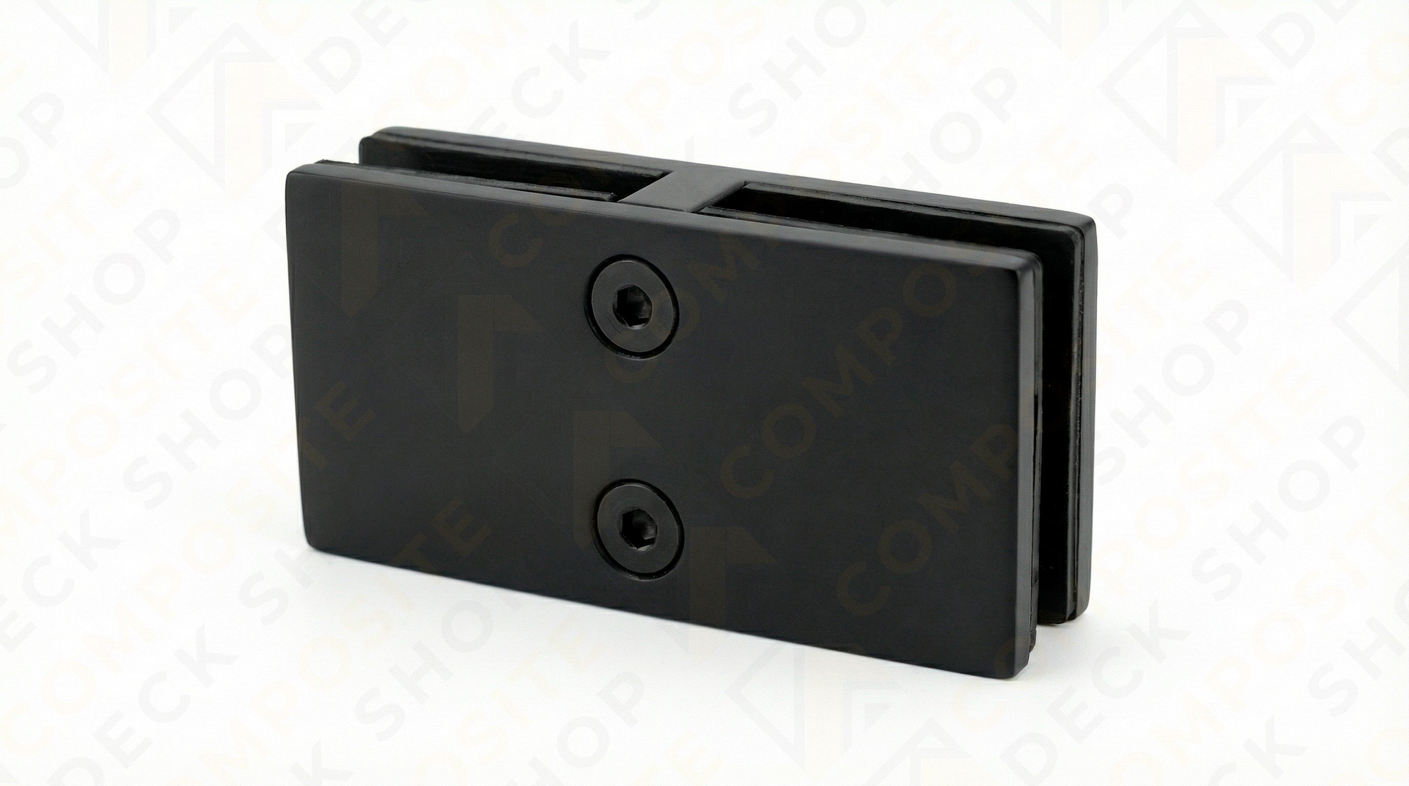 Black rectangular metal 180° Connector with two mounting holes and slots for frameless glass railing, on a white background.