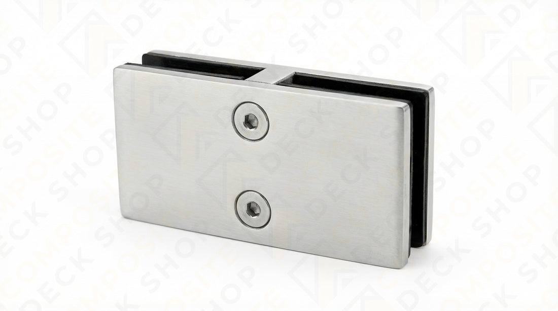 Rectangular metal glass clamp with two screw holes for securing frameless glass railing or connecting 180° glass panels.