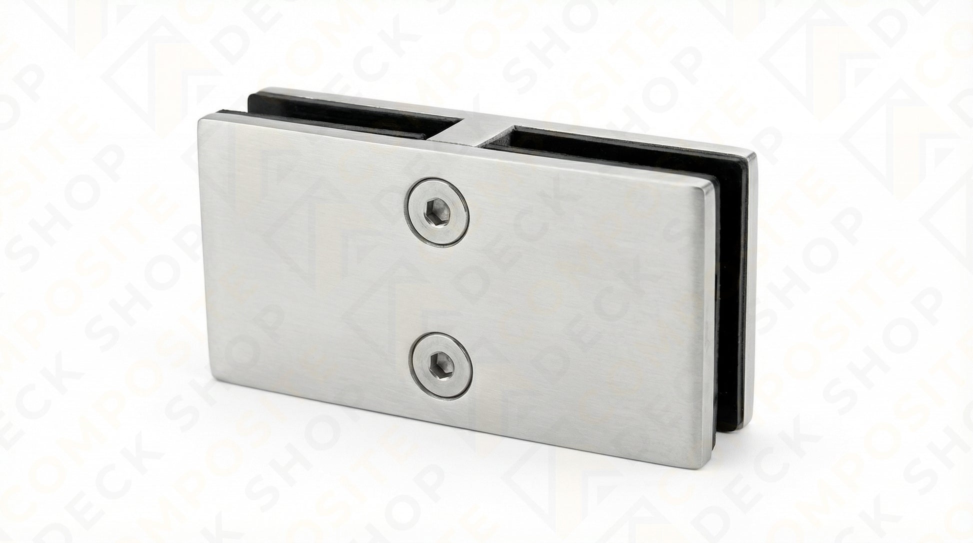 Rectangular stainless steel 180° Connector clamp with two screws, ideal for frameless glass railing and securing glass panels.