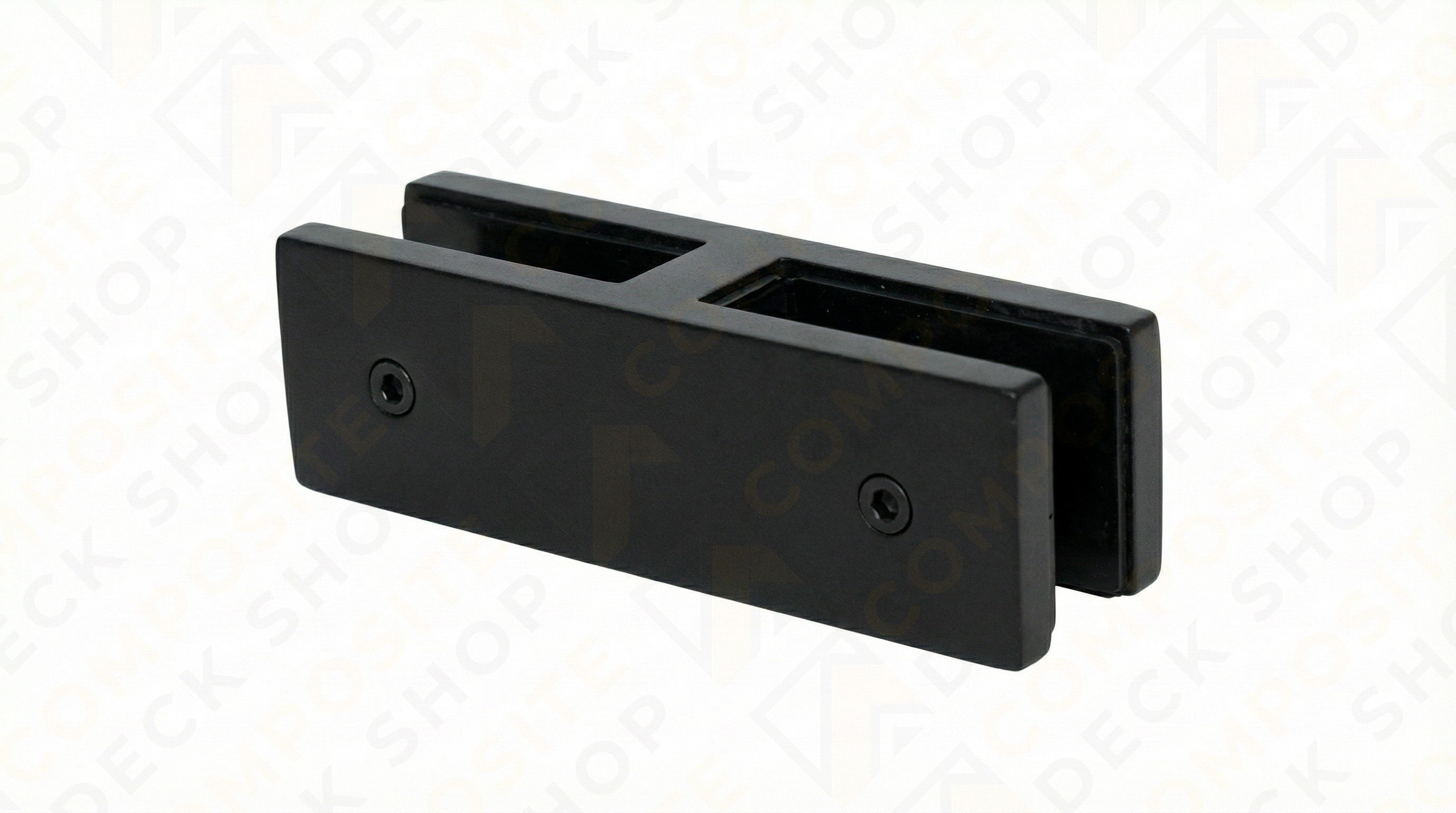Black rectangular metal 180° Connector with two mounting holes and slots for frameless glass railing, on a white background.