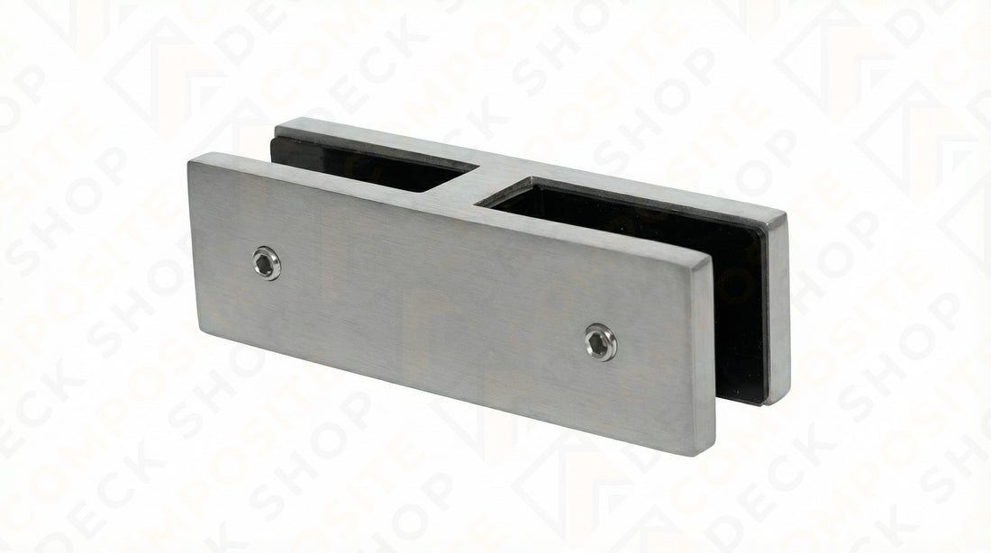 Rectangular metal glass clamp with two screw holes for securing frameless glass railing or connecting 180° glass panels.