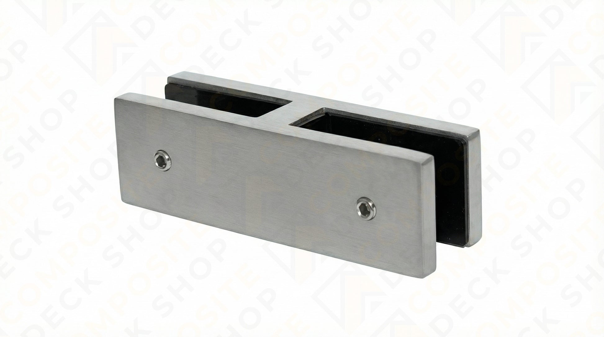 Rectangular metal glass clamp with two screw holes for securing frameless glass railing or connecting 180° glass panels.